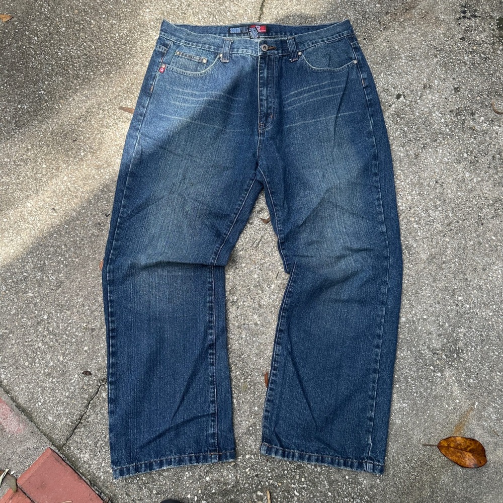 Southpole Mens Baggy Bootcut Jeans Medium Wash Blue Denim Size 36 Y2K Streetwear